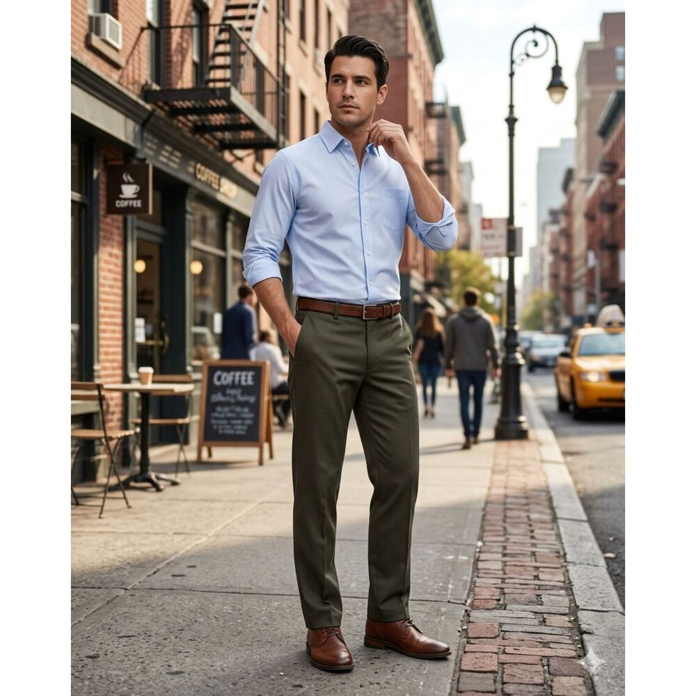 Dockers Premium Men’s 36x30 Green Flat Front Casual Straight Khaki Dress Pants